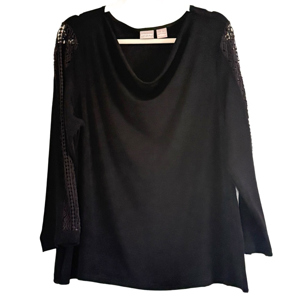 Chico's Travelers Black Blouse Crochet Lace Sleeves NWT XL
